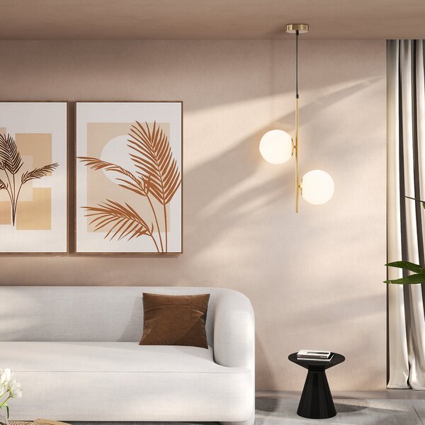 Lampada a Sospensione 2 Paralumi in Vetro Sferici Bianchi Filo Regolabile 32x15x51 cm in Metallo Oro