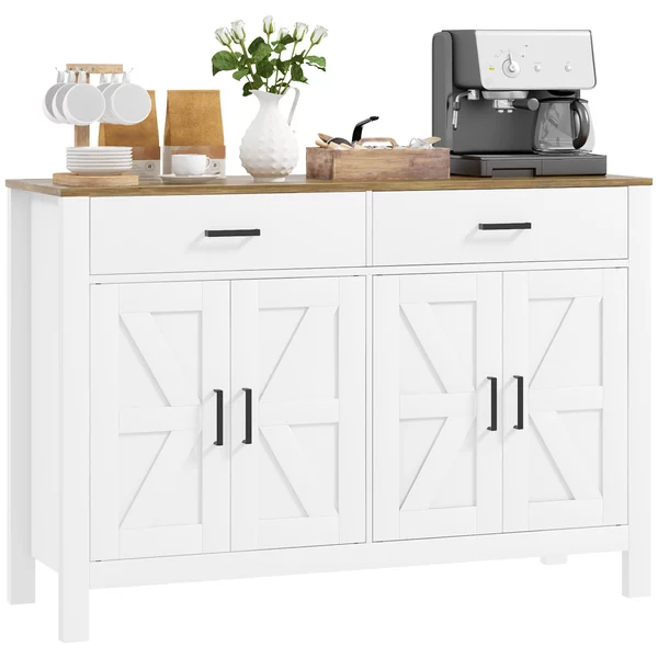 Credenza Stile Rustico con 2 Cassetti e 2 Armadietti 120x39,3x82,5 cm Bianco
