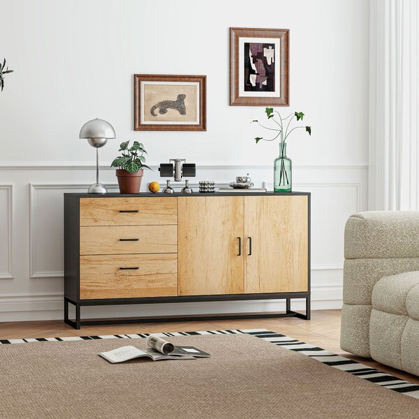 Credenza con 3 Cassetti e Armadietto Ante Soft-Close 140x35x75 cm Legno Naturale e Nero