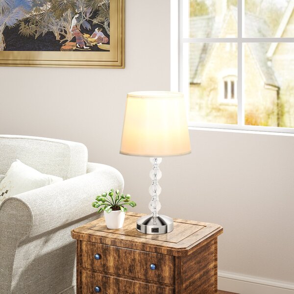 Lampada da Tavolo Base con Cristalli in Vetro con Porta USB Ø23x45 cm Bianco e Argento