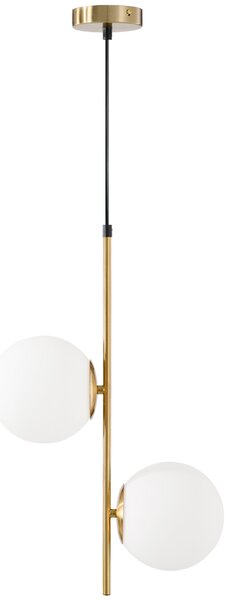 Lampada a Sospensione 2 Paralumi in Vetro Sferici Bianchi Filo Regolabile 32x15x51 cm in Metallo Oro