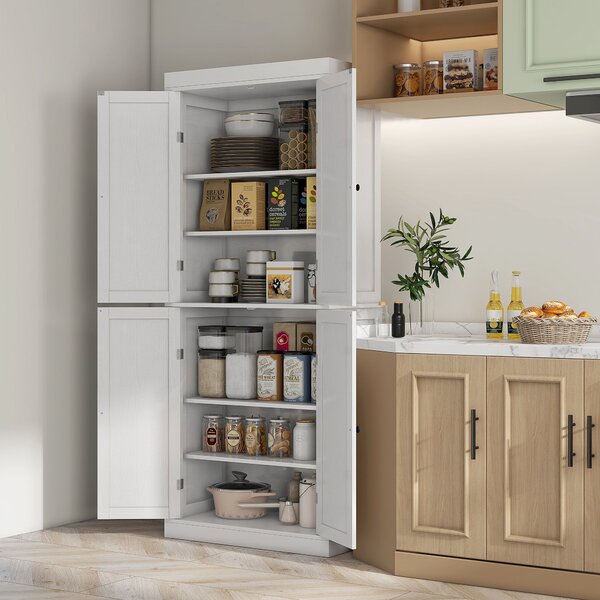 Credenza Mobile Alto Cucina 4 Ante e 6 Ripiani 76x40,5x184 cm in Legno Bianco