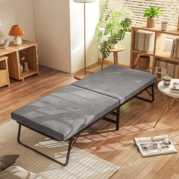 Letto Singolo Brandina Pieghevole 180x70x38 cm Materasso in Tessuto Effetto Lino Grigio