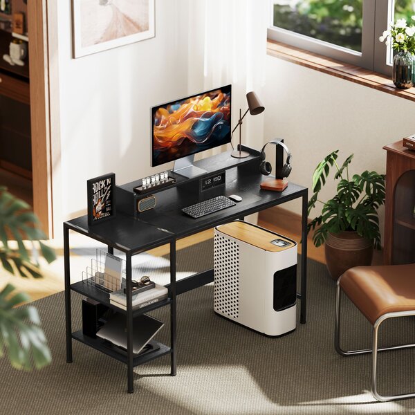 Scrivania Moderna con Supporto per Monitor e Ripiani a Giorno Regolabili 120x48x85,5 cm in Legno e Acciaio Nero