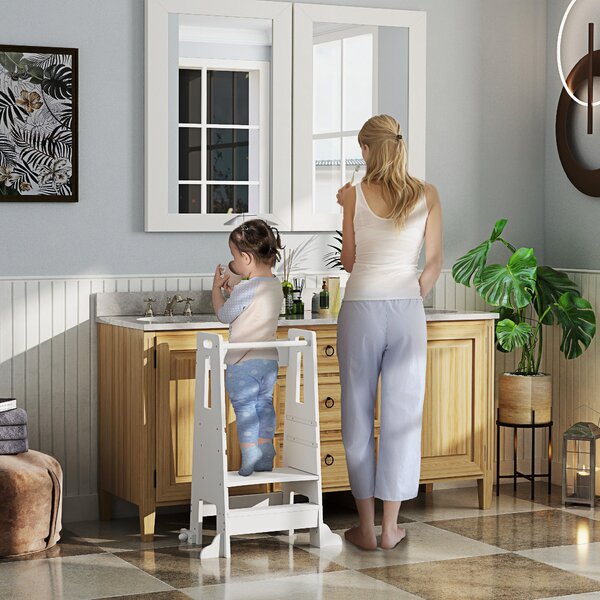 Torre Montessoriana Scala con Barra di Sicurezza Regolabile su 3 Livelli 45x47,5x91 cm in Legno Bianco