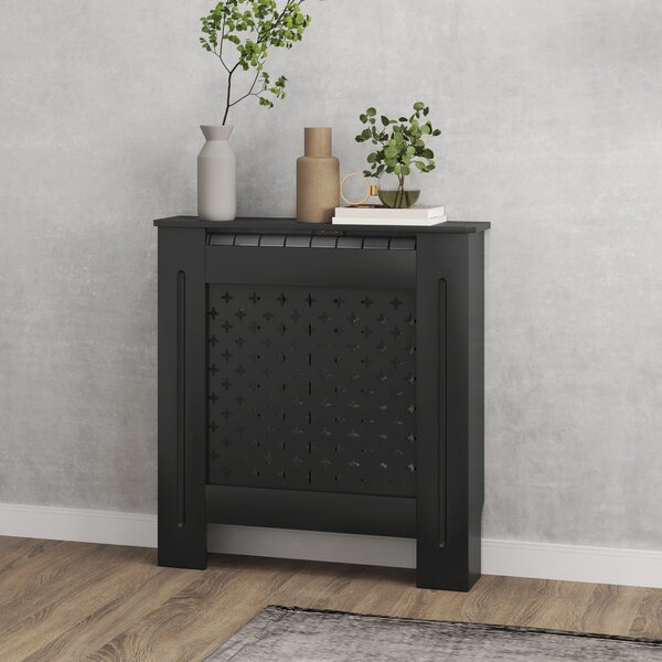 Copritermosifone Traforato a Croce con Ripiano e Fissaggio a Muro 78x19x82 cm in Legno MDF Nero