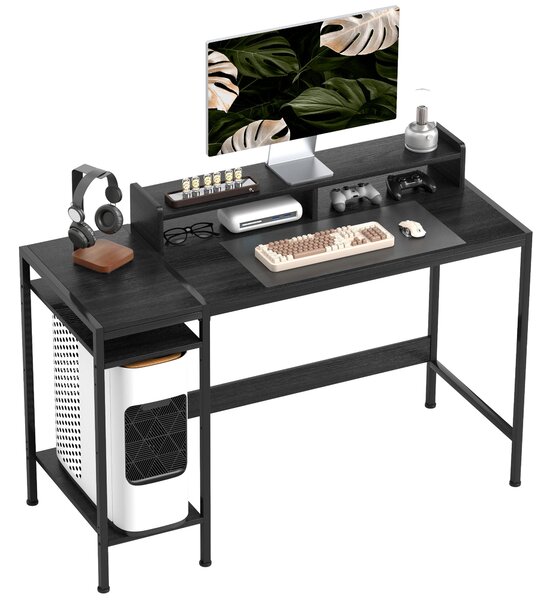 Scrivania Moderna con Supporto per Monitor e Ripiani a Giorno Regolabili 120x48x85,5 cm in Legno e Acciaio Nero