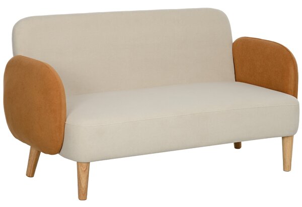 Divano 2 Posti Stile Nordico 138x73x74 cm in Tessuto Effetto Velluto e Legno Crema e Arancione