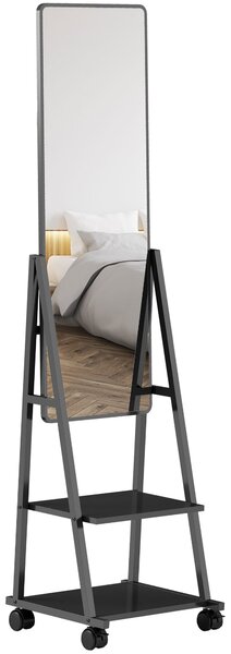 Specchio da Terra Autoportante con Ruote 42x37x155 cm in Acciaio e Legno Nero