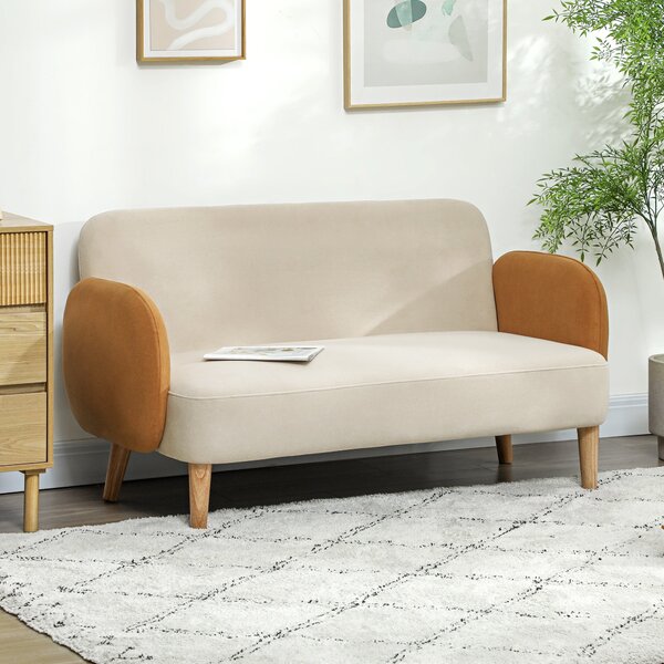 Divano 2 Posti Stile Nordico 138x73x74 cm in Tessuto Effetto Velluto e Legno Crema e Arancione