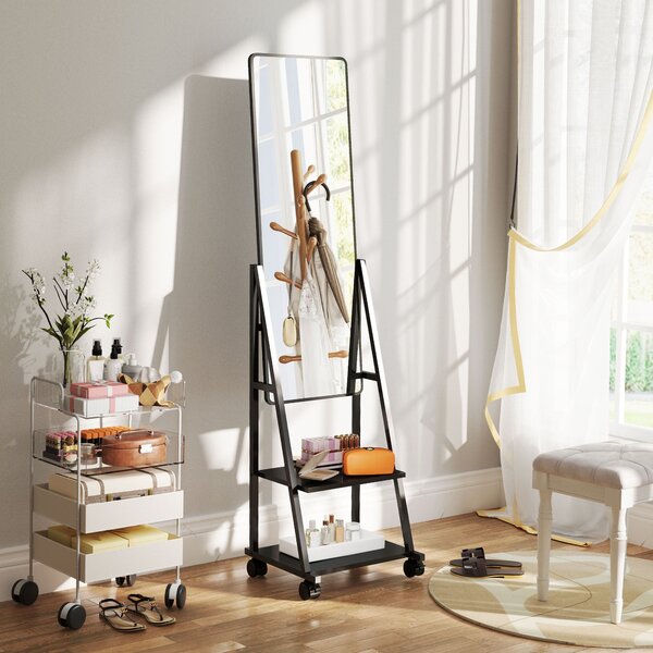 Specchio da Terra Autoportante con Ruote 42x37x155 cm in Acciaio e Legno Nero