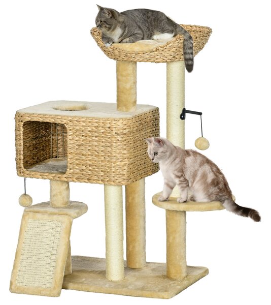 Albero Tiragraffi per Gatti con Casetta e Trespolo 60x40x98 cm in Legno e Poliestere Marrone e Beige