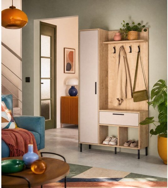 Set da ingresso effetto rovere con decoro crema-naturale 108x195x35 cm Heidy - Marckeric