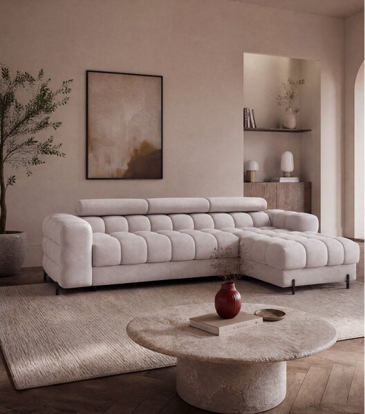 Divano angolare beige allungabile/con contenitore (con penisola a destra/con chaise lounge) e rivestimento in velluto Felro – ELTAP