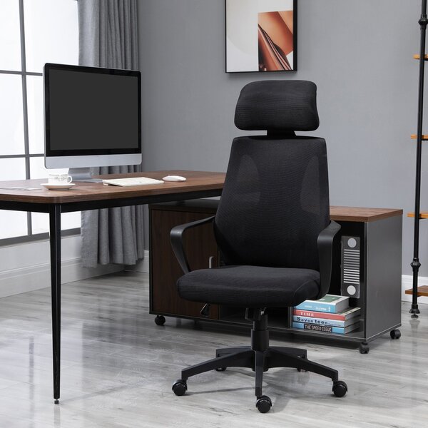 Sedia Operativa da Ufficio Reclinabile con Poggiatesta e Supporto Lombare 64x55x116-126 cm Nero