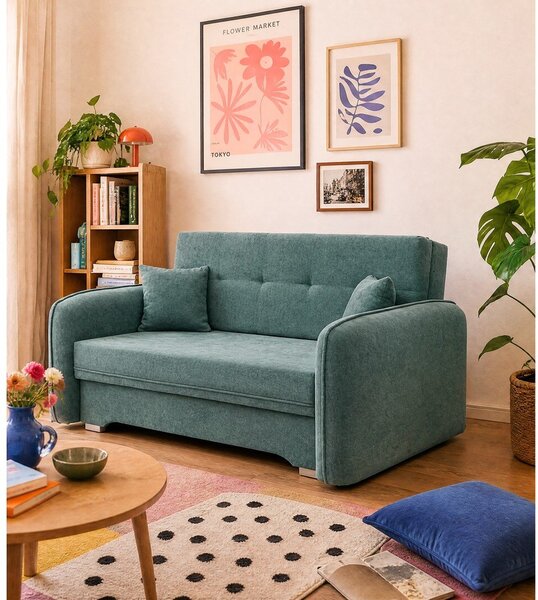 Divano verde allungabile/con contenitore e rivestimento in ciniglia 155 cm Laine – ELTAP