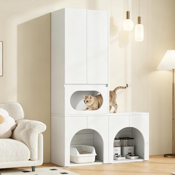 Armadietto per lettiere per gatti, adatto per due lettiere, dimensioni 140 x 45 x 195 cm, con rifugio e spazio contenitivo, realizzato in MDF, colore bianco