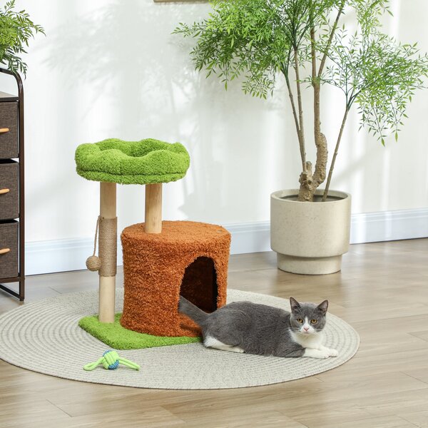 Albero Tiragraffi per Gatti con Casetta Lettino e Gioco 44x33x61 cm in Legno e Peluche Verde