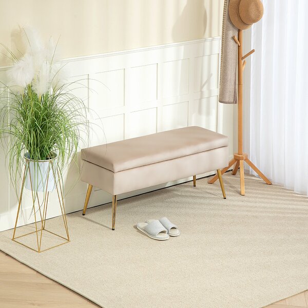 Panca Fondo Letto Imbottita da 30,5L 102x35x43 cm in Tessuto Effetto Velluto Beige