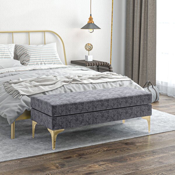 Panca Fondo Letto Imbottita a 2 Strati 121x50,5x46,5 cm in Tessuto Effetto Velluto Grigio Scuro