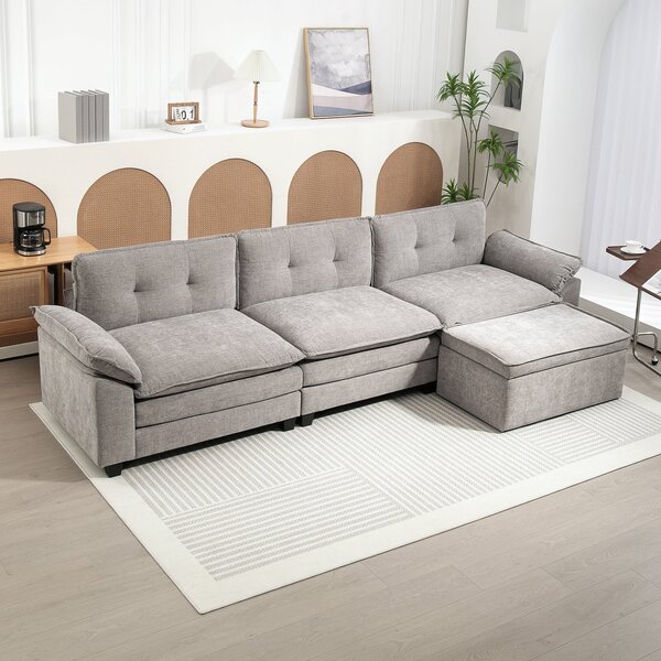 Divano 3 Posti Angolare con Chaise Longue e Pouf Contenitore Rivestimento in Ciniglia Grigio