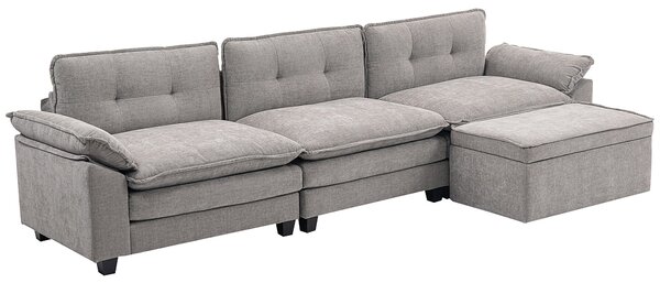 Divano 3 Posti Angolare con Chaise Longue e Pouf Contenitore Rivestimento in Ciniglia Grigio