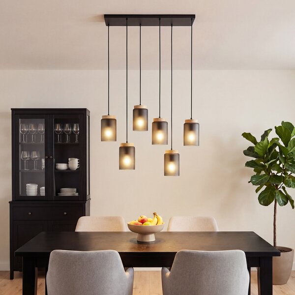 Lampada a sospensione moderna nera con legno e vetro grigio opaco a 6 luci - Umbra