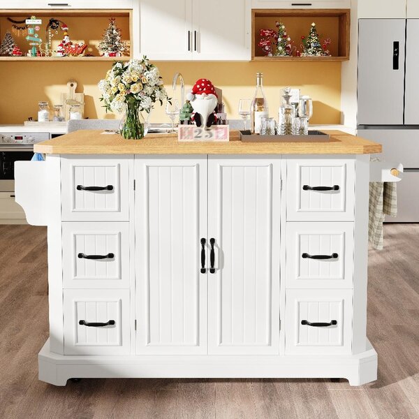 Isola da cucina 120x45x91 cm, realizzata in MDF e metallo, di colore bianco, con spazio contenitivo e dotata di rotelle. Piano di lavoro con finitura effetto legno, ideale per la cucina e la zona pranzo