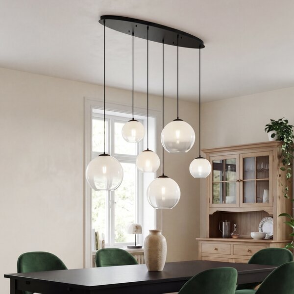 Lampada a sospensione moderna nera con vetro bianco rettangolare a 6 luci - Misty