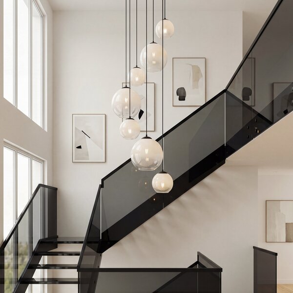 Lampada a sospensione moderna nera con vetro bianco rotondo a 7 luci - Misty