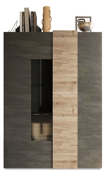 Vetrina Mobile Soggiorno Alto 2 Ante Senza Luci Venus 121x44x169 cm Titanio E Rovere Cadiz