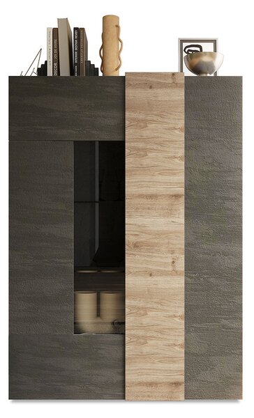 Vetrina Mobile Soggiorno Alto 2 Ante Senza Luci Venus 121x44x169 cm Titanio E Rovere Cadiz