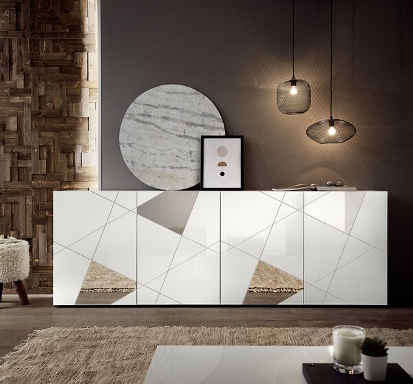 Madia Design Moderno 4 Ante con Serigrafie e Specchi Vittoria 241x42x84 cm Bianco Lucido