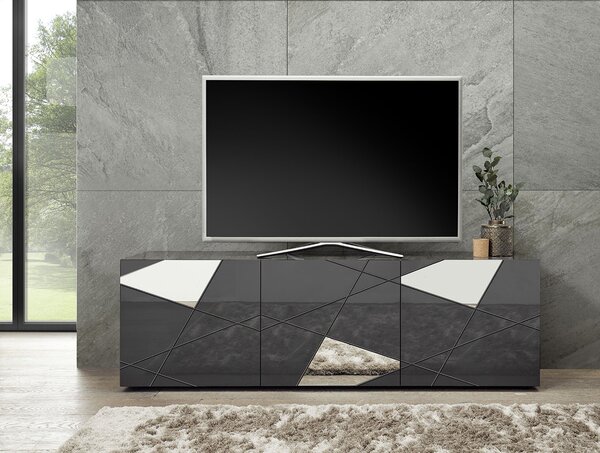 Mobile TV Moderno 3 Ante con Serigrafie e Specchi Vittoria 180,5x40,5x56,5 cm Grigio Laccato Lucido