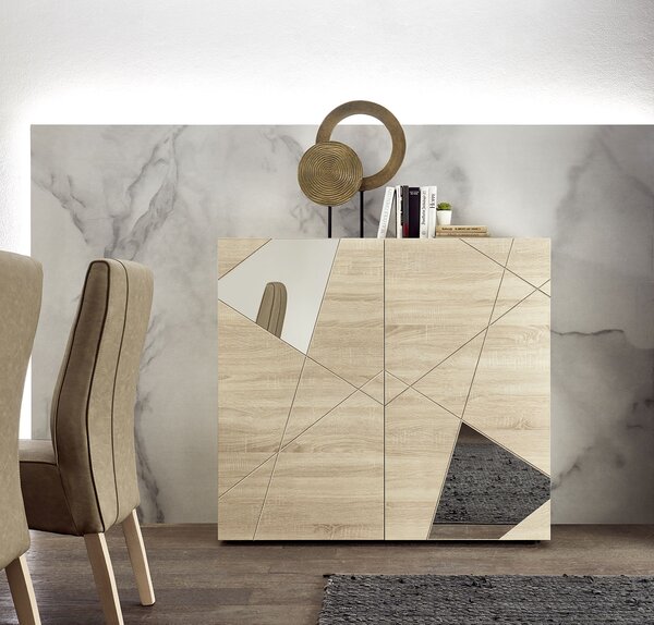 Madia Design Moderno 2 Ante con Serigrafie e Specchi Vittoria 121x42x111 cm Rovere Samoa