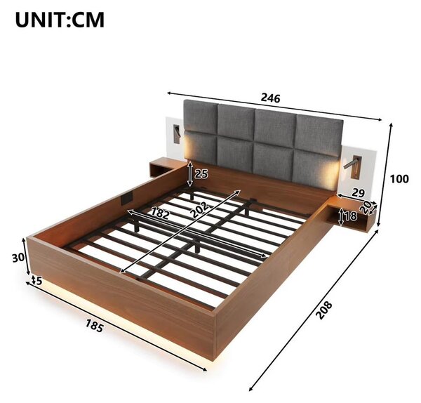 Struttura del letto imbottita - Letto matrimoniale 180 x 200 cm - Testiera grigia in lino con effetto listelli - Spazio contenitivo - Comodini sospesi con piano trasparente - Materasso non incluso