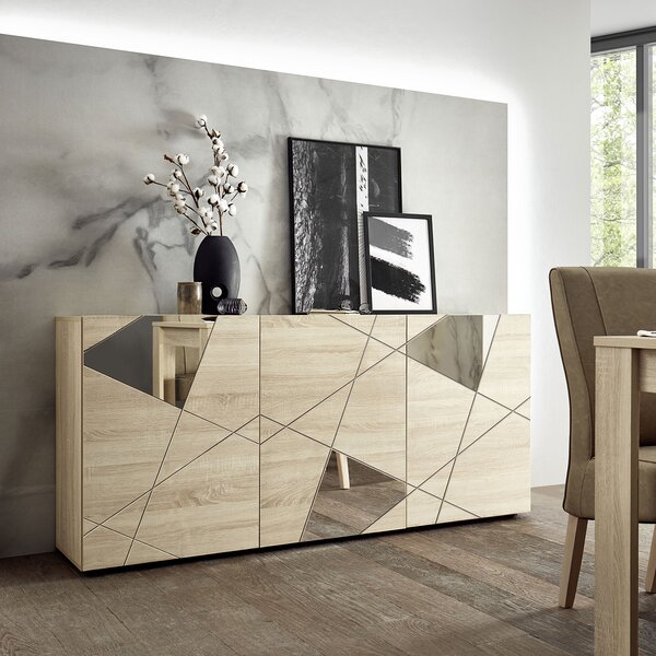 Madia Design Moderno 3 Ante con Serigrafie e Specchi Vittoria 181x42x84 cm Rovere Samoa