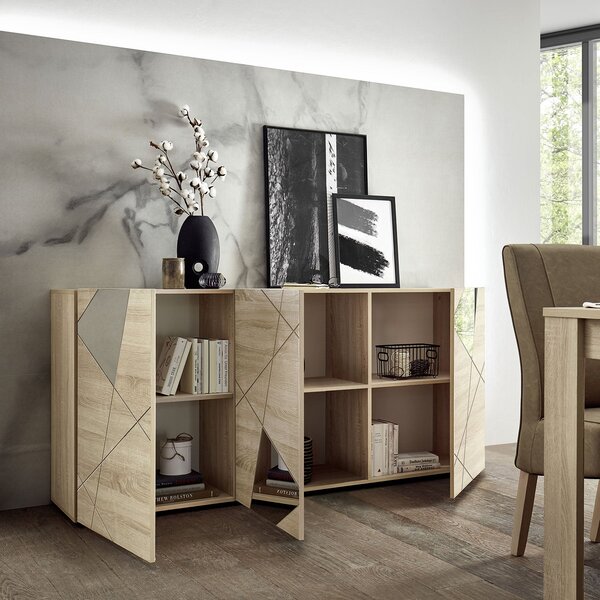 Madia Design Moderno 3 Ante con Serigrafie e Specchi Vittoria 181x42x84 cm Rovere Samoa
