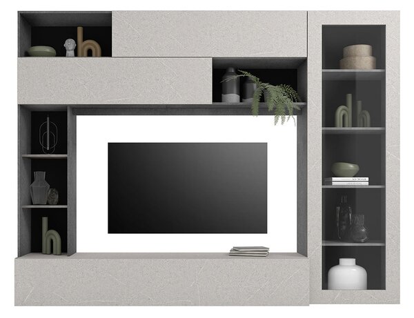 Parete Attrezzata Design Contemporaneo 277x40x210 cm con Anta Vetro Pratiko Ghisa e Pietra