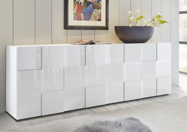 Madia Moderna 4 Ante Design a Scacchi Modello Dama 241x42x84 cm Bianco Lucido
