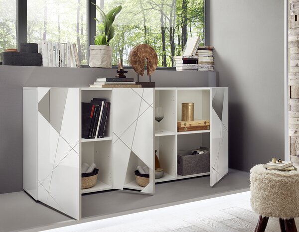 Madia Design Moderno 3 Ante con Serigrafie e Specchi Vittoria 181x42x84 cm Bianco Lucido