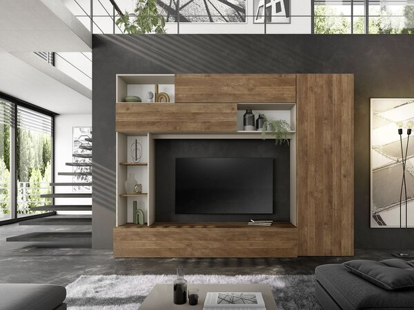 Parete Attrezzata Design Contemporaneo 277x40x210 cm Pratiko Cashmere e Noce Mercure