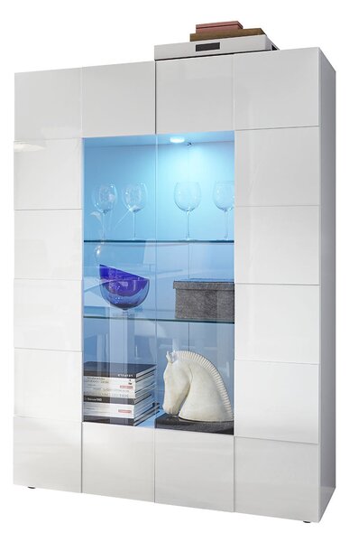 Vetrina Mobile Soggiorno Alto 2 Ante Senza Luci Design a Scacchi Modello Dama 121x43x166 cm Bianco Lucido