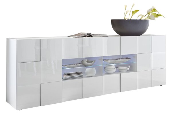Madia Moderna 2 Ante 4 Cassetti Design a Scacchi Modello Dama 241x43x84 cm Bianco Lucido