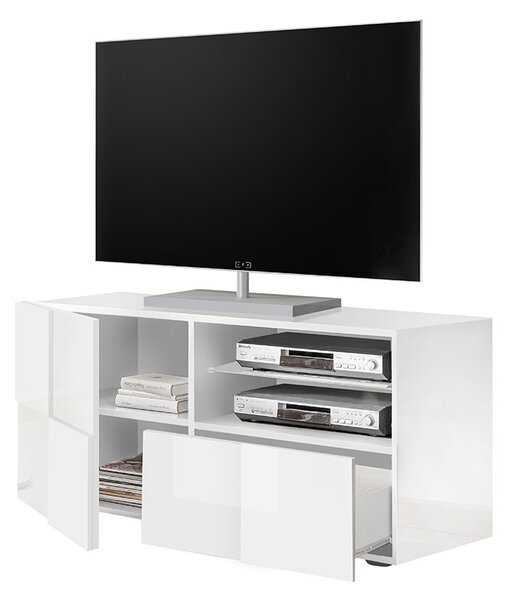 Mobile TV Moderno 1 Anta 1 Cassetto Design a Scacchi Modello Dama 121x42x57 cm Bianco Lucido
