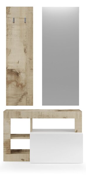 Set Ingresso Mobile 1 Anta a Ribalta Appendiabiti 90,5x36x170 cm e Specchio 50x110 cm Hamburg Bianco Lucido e Pero