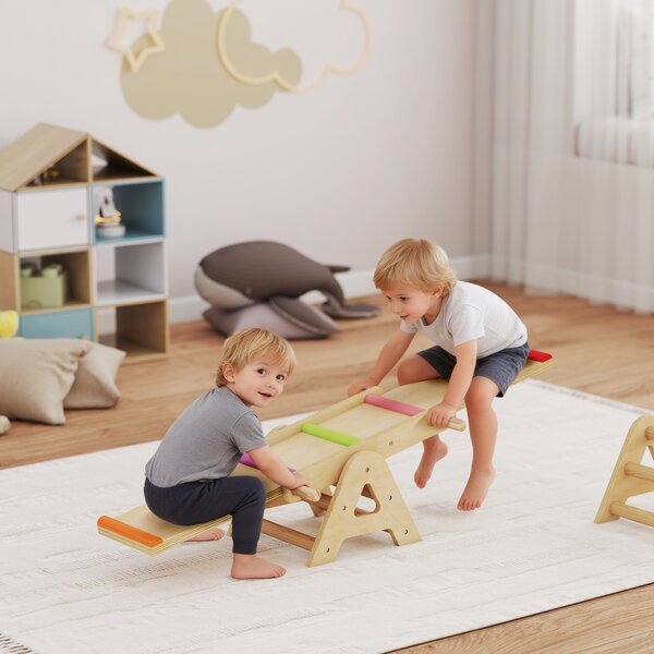 AIYAPLAY Altalena da Giardino per bambini 2-in-1 con Trave in Legno e Tavola di equilibrio, 133x38x24 cm, Multicolore | Aosom Italy