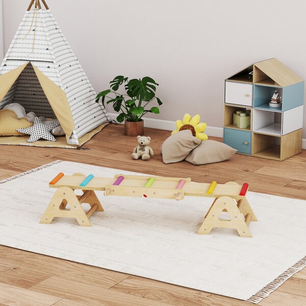 AIYAPLAY Altalena da Giardino per bambini 2-in-1 con Trave in Legno e Tavola di equilibrio, 133x38x24 cm, Multicolore | Aosom Italy