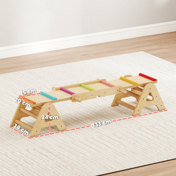AIYAPLAY Altalena da Giardino per bambini 2-in-1 con Trave in Legno e Tavola di equilibrio, 133x38x24 cm, Multicolore | Aosom Italy