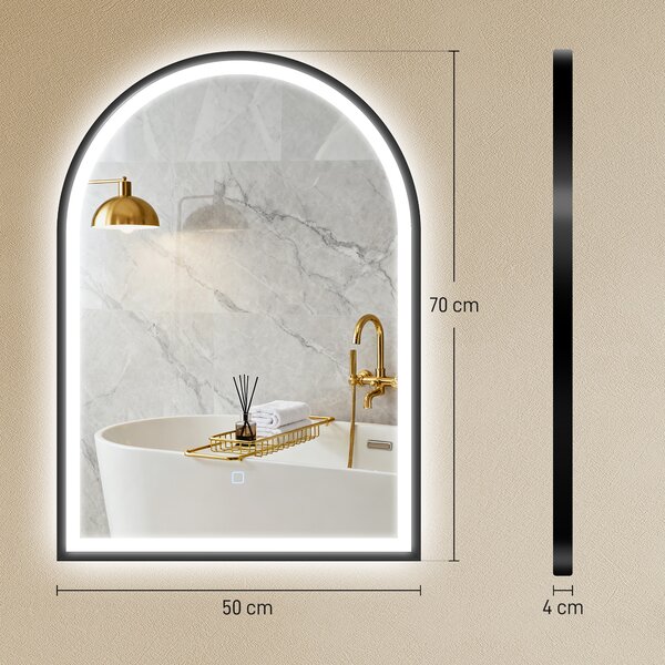 HOMCOM Specchio ad arco da bagno con illuminazione, antiappannamento e 3 colorazioni luce, 50x4x70cm, Nero | Aosom Italy